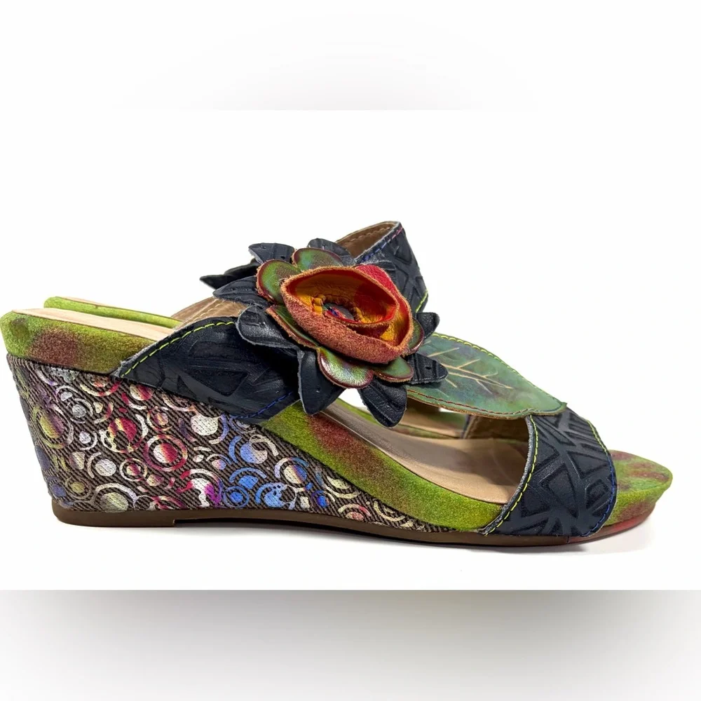 L’Artiste Spring Step Shayla Floral Leather Wedge Sandals Sz 40 9-9.5 - Picture 2 of 10